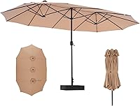 DUMOS 15FT Rectangle Patio Umbrella with Base, Heavy Duty Khaki Outdoor Shade 135 Sq Ft UV50+ for Patio Pool Backyard