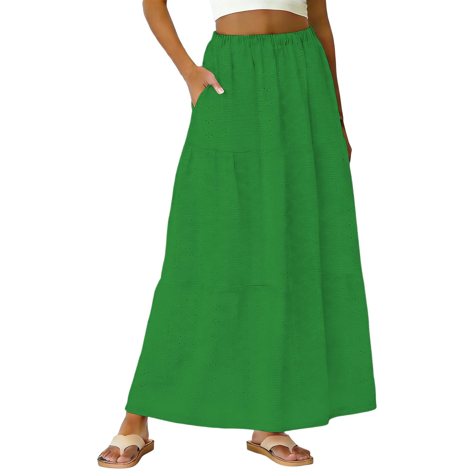 Womens Summer Skirts 2026 Trendy Casual Maxi Skirt Flowy Elastic High Waisted A Line Skirts with Pockets for
