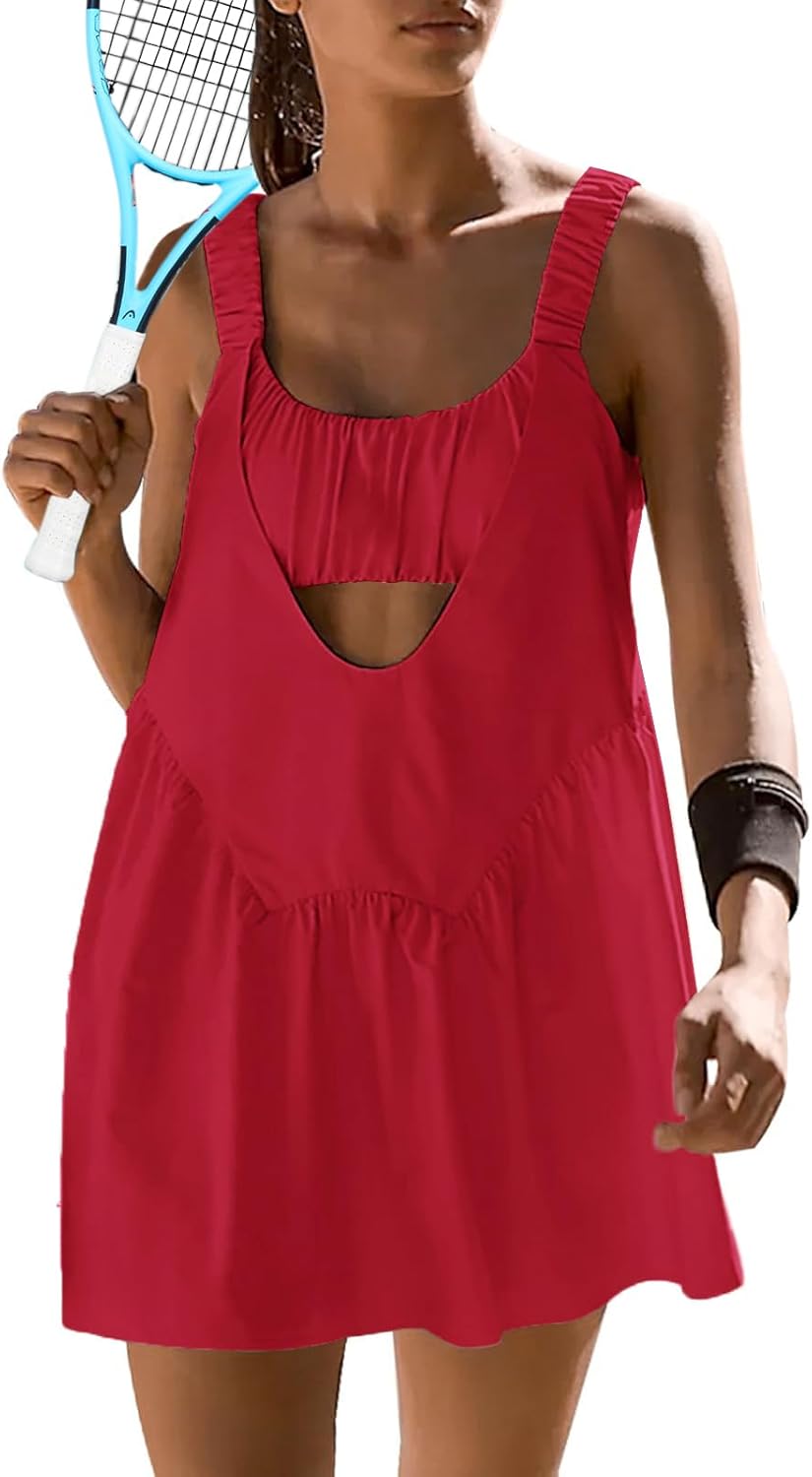 Sexyasasii Women Tennis Dress with Built in Shorts and Bra Sleeveless Casual Backless Golf Dress Athletic Dress with Pockets