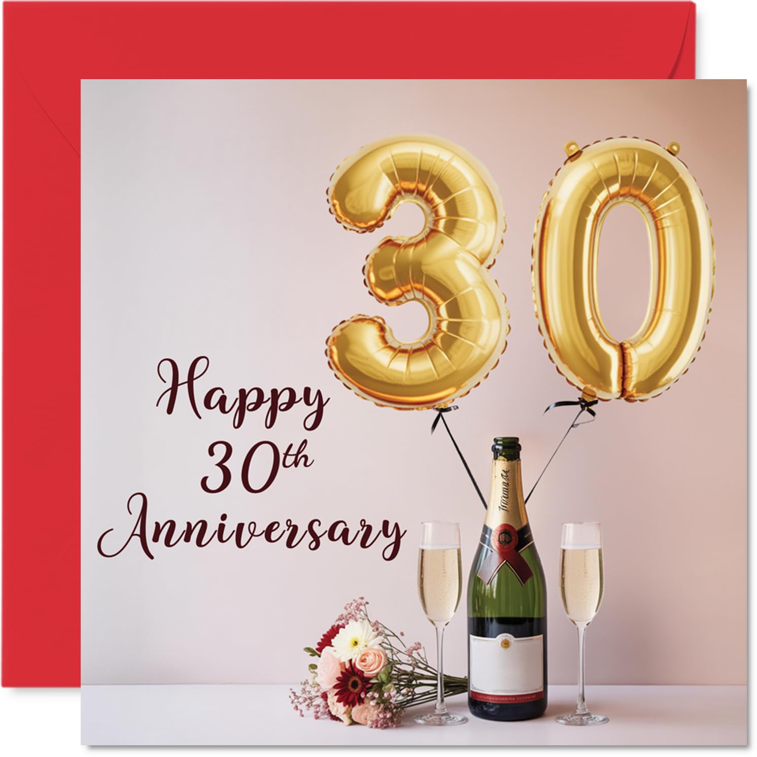 30th Anniversary Card for Women and Men, Balloons & Bottle of Bubbly