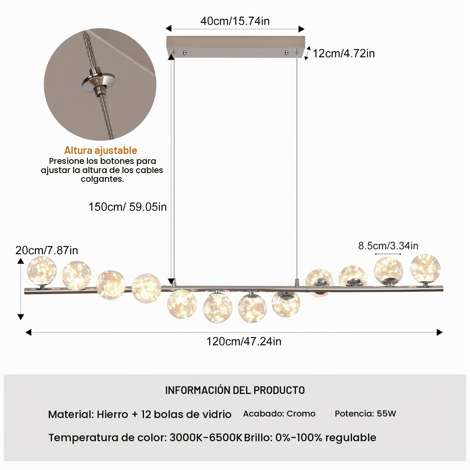GEADI Lamparas de Comedor Modernas, Cromo Lámparas Colgantes Linear, 12 Luces Plafon LED Techo, Lampara Araña para Salón, Dormitorio, Bar, Sala de Estar