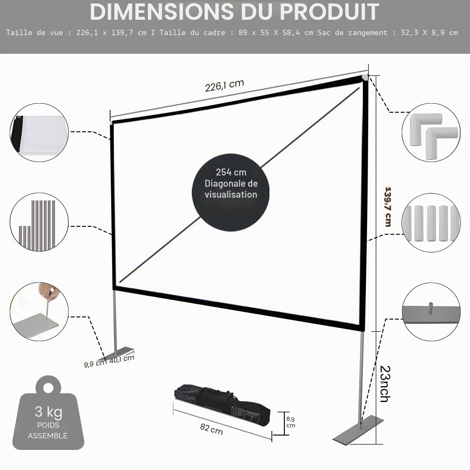 Écran de Projection avec Support portatif de 100’’16:9 4K Écran de Projection Avant et arrière HD Écran de Film avec Sac portatif pour Les Voyages intérieurs et extérieurs à Domicile Jardin cinéma