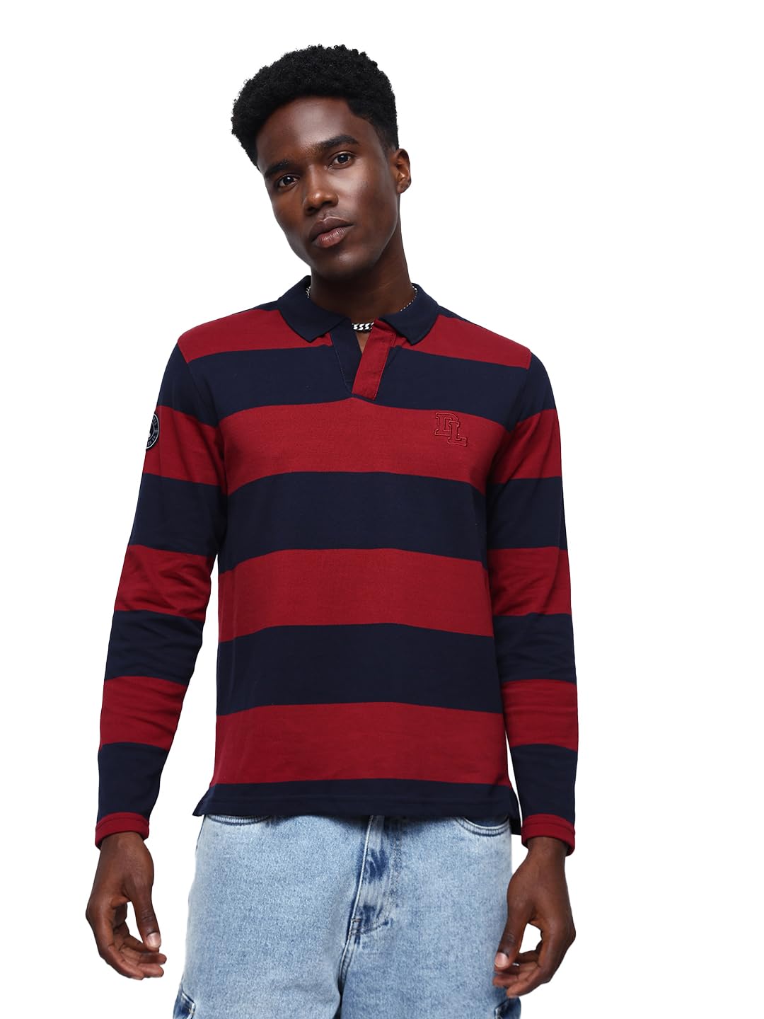 ラスト　T. Domingo's Stripe From Domingo Dennis Lingo Men's Striped Polo Neck Full Sleeves Relaxed Fit T
