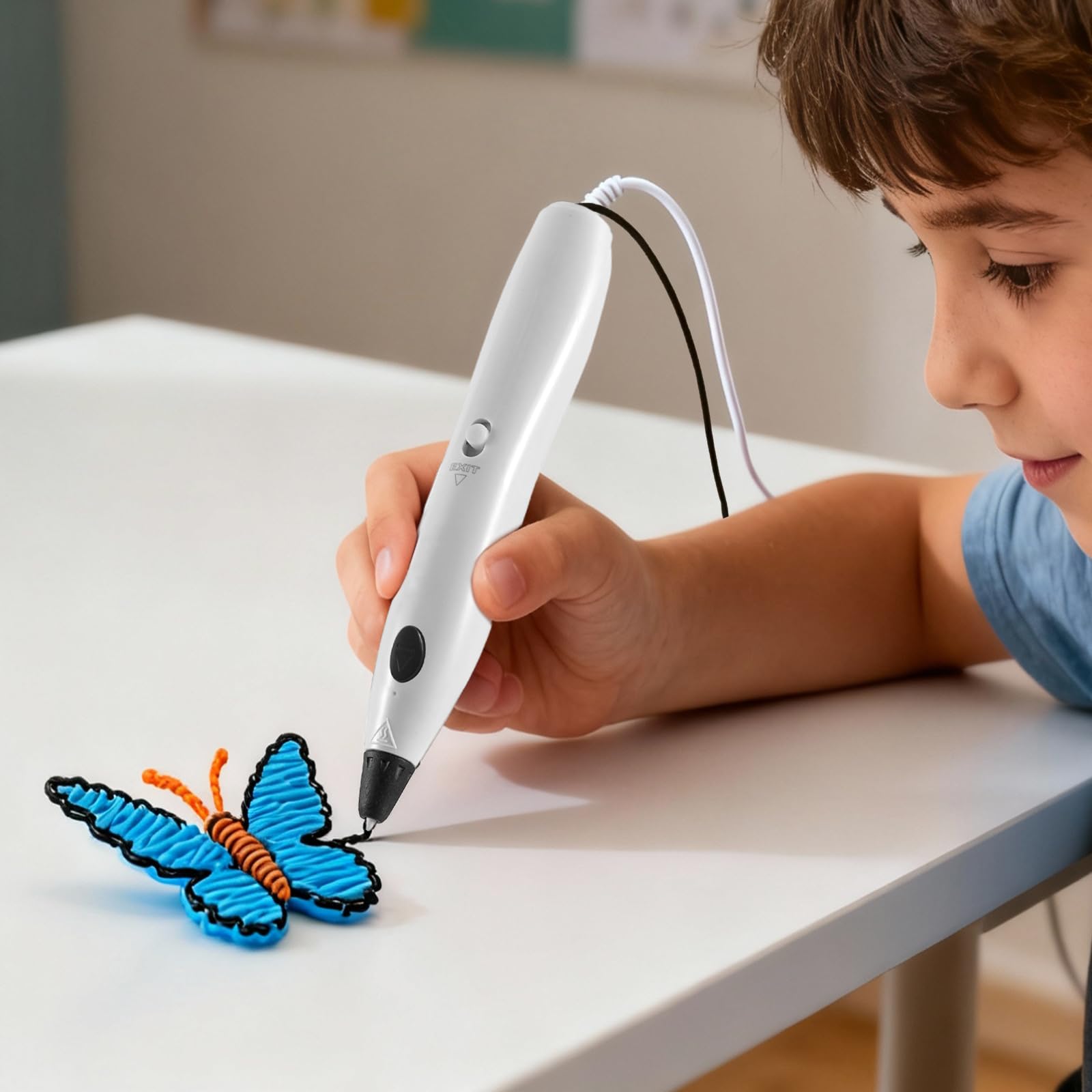 RPC200B - Set di penna 3D (versione a bottone), con filamento PLA a 12 colori, protezione per le dita, stencil da disegno, compatibile con filamento PLA e fai da te (bianco)