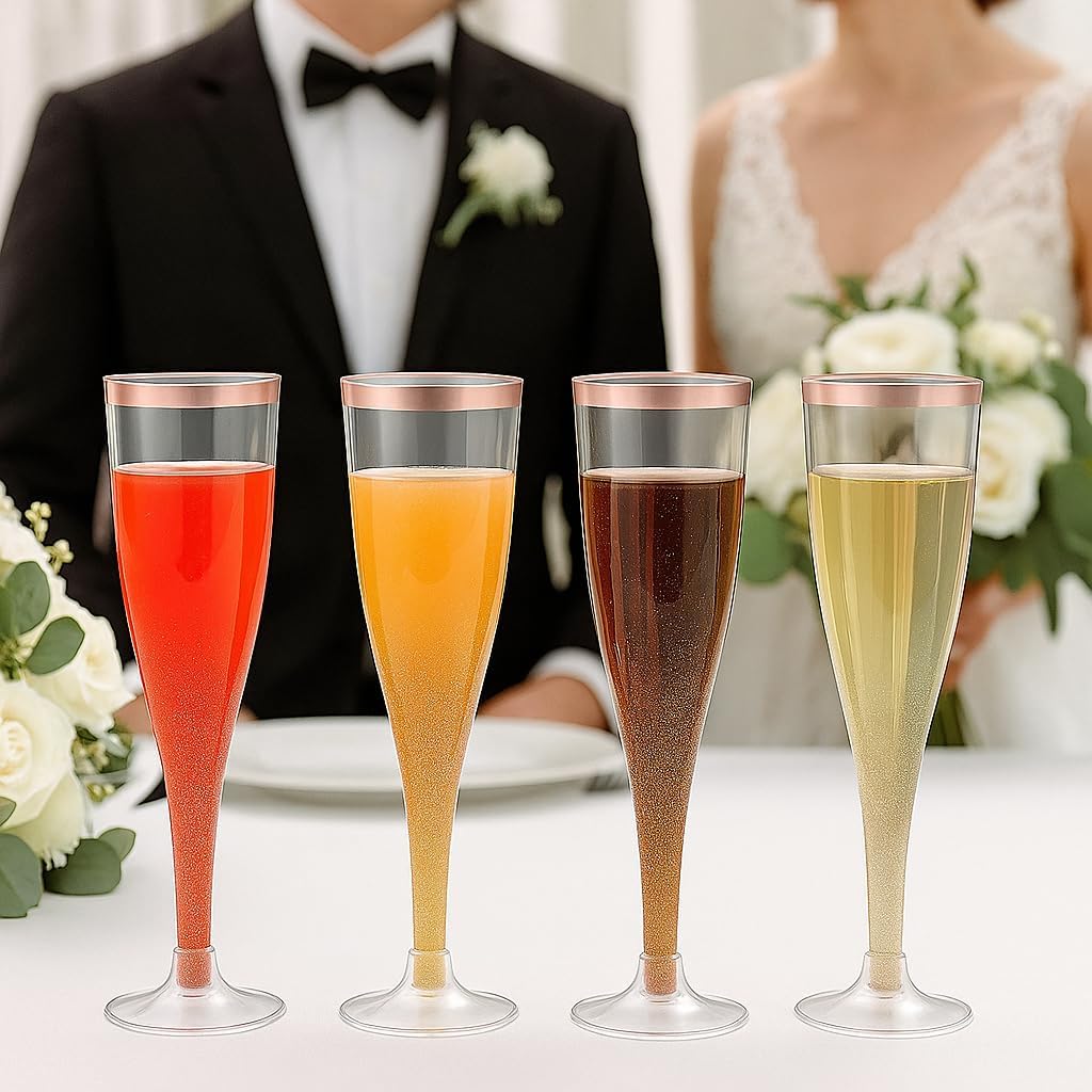 Oojami 30pc Clear Plastic With Rose Gold Glitter Classicware Glass Like Champagne Wedding Parties Toasting Flutes - Image 2