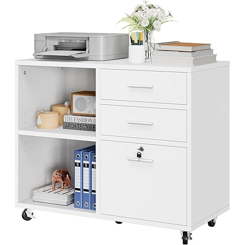 YITAHOME Wood File Cabinet, 3 Drawer Mobile Lateral Filing Cabinet, Storage Cabinet Printer Stand with 2 Open Shelves for Home Office Organization,White