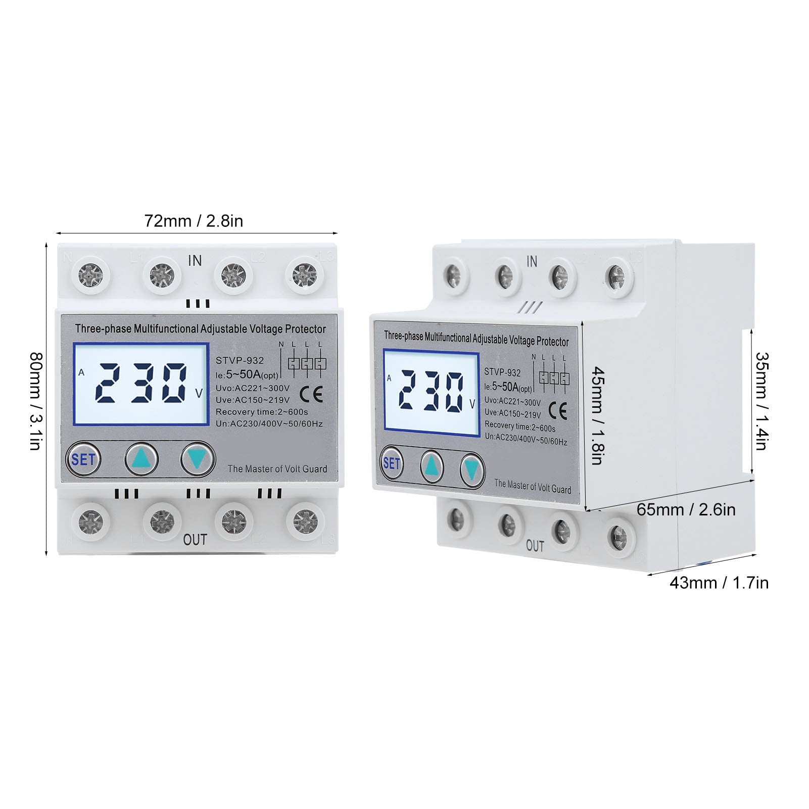 Protezione di Tensione Regolabile LCD Trifase Multifunzione Ripristino Automatico 230 V/400 V CA Protezione da Sovratensione Sottotensione Dispositivo di Protezione Della Tensione(50A)