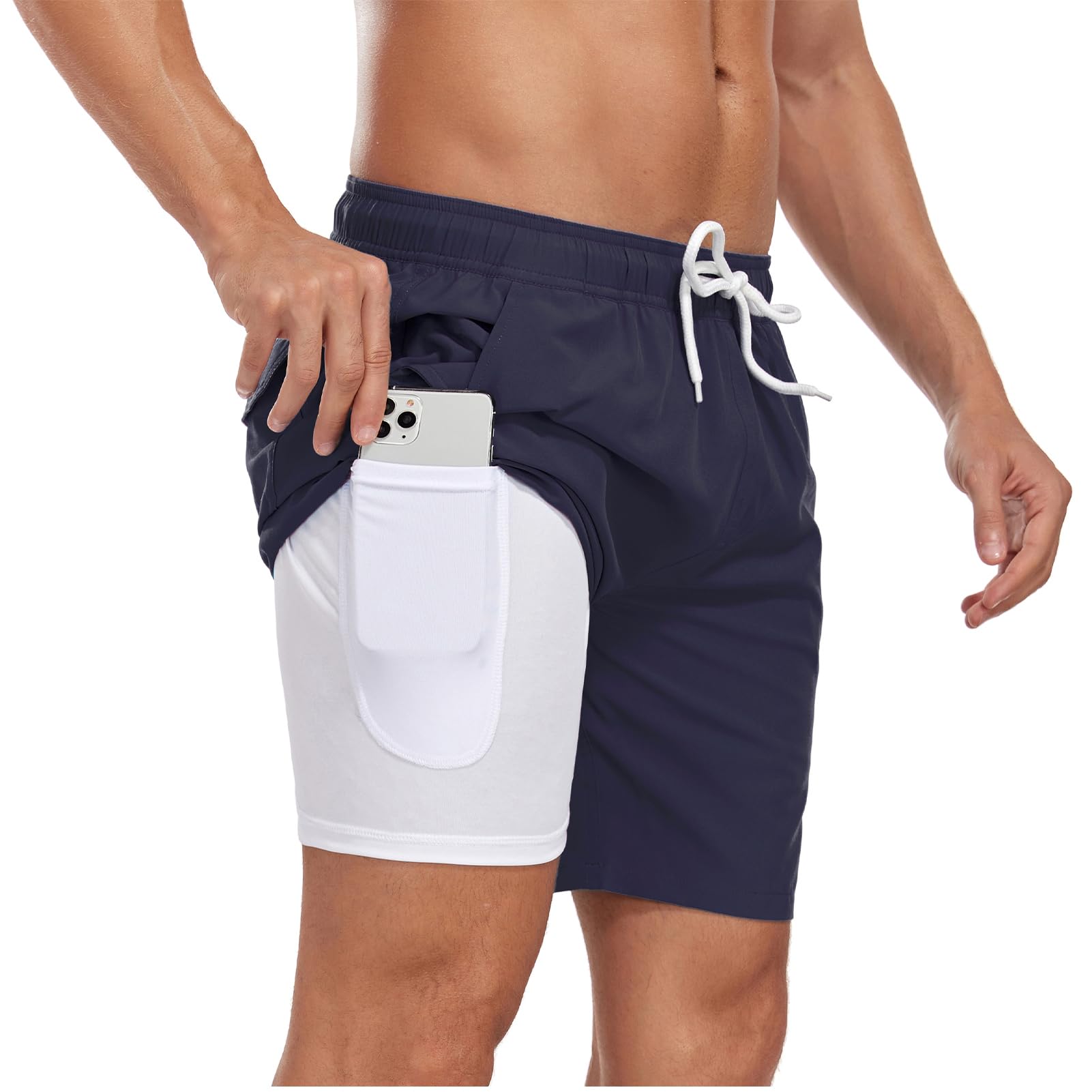 Traje de baño para hombre con forro de compresión, entrepierna de 7 pulgadas, secado rápido, pantalones cortos de playa 2 en 1 con bolsillos S-3XL