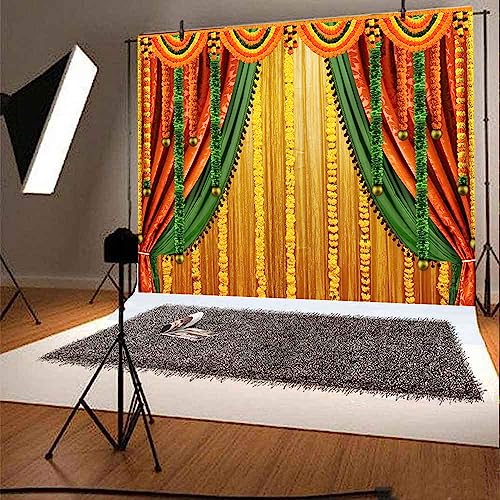 Image of Lofaris India Pooja Photography Backdrop Puja Ganpati Pooja Traditional Mehndi Festival Background Decorations Wedding Party Marigold Garlands Photo Props 10x7ft