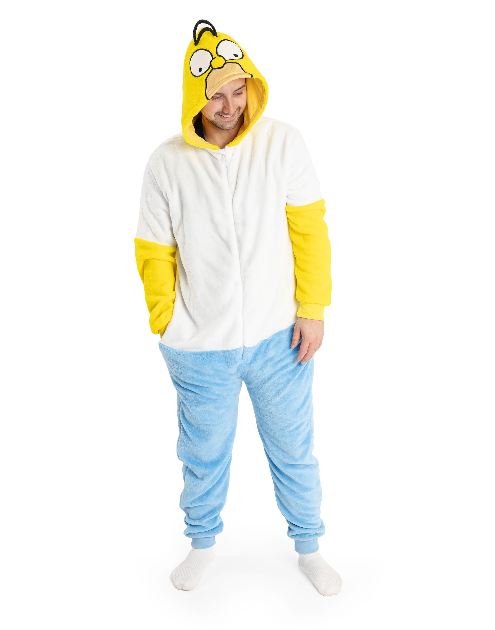 Vanilla Underground The Simpsons Homer Men's Yellow, White & Blue Cosy Fleece Onesie | Hooded Zip-Up Loungewear & Sleepwear | Cartoon Character Nightwear