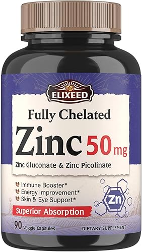 Elixeed Zinc 50 mg, 2 formas superiores como picolina de zinc y gluconato, quelado y bien absorbido, potencia óptima, salud inmunológica,