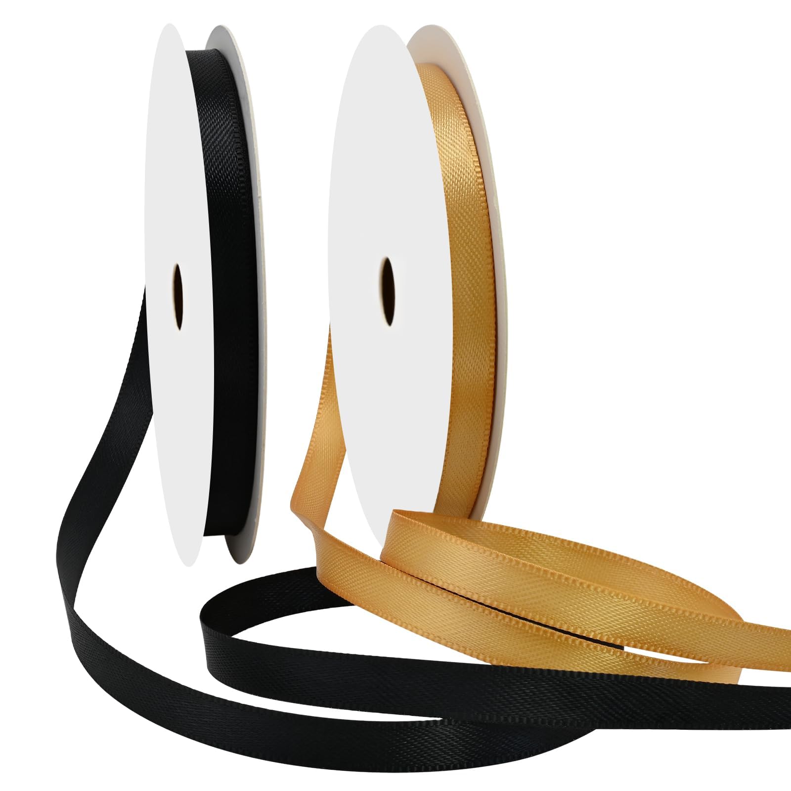 Black Gold Satin Ribbon (3/8 Inch, 15 Yards - Total 30 Yards) — Double Faced Polyester Satin Ribbons for Gift Wrapping Weddings Invitations Flower Bouquet Bow Making Home Decor (2 Rolls)