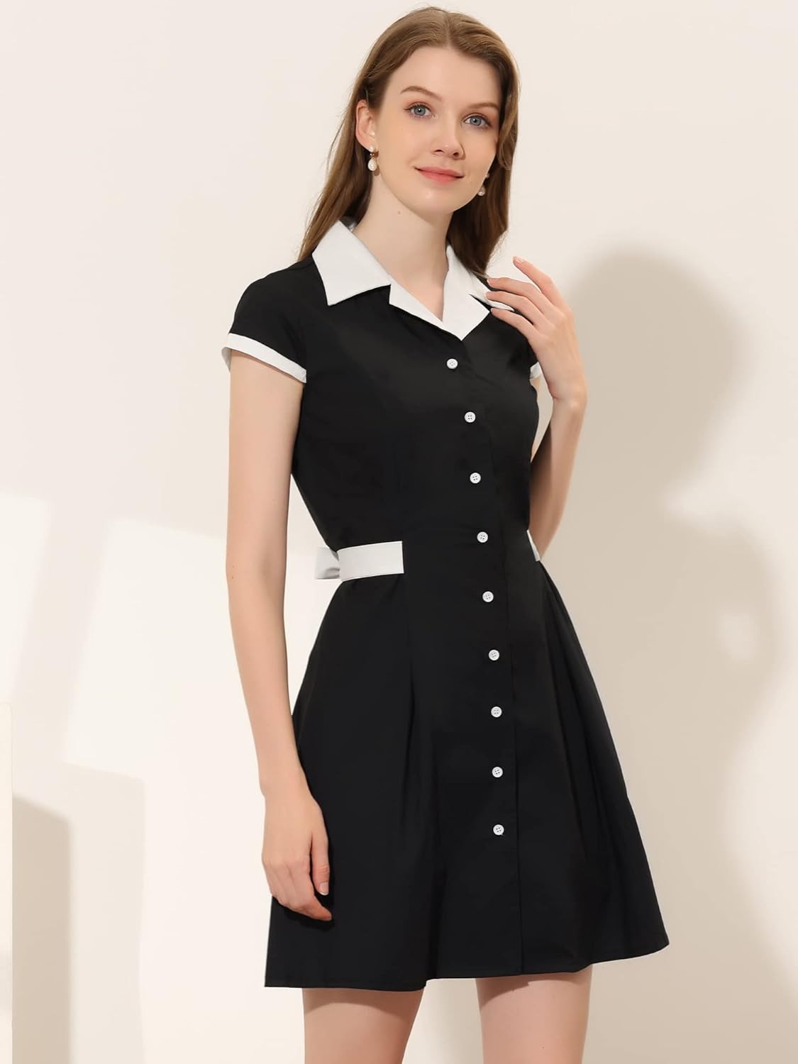 Allegra K Women's Vintage Button Down Shirt Dress Notch Lapel Short Sleeve Belted Office Mini Short Dresses - Image 2