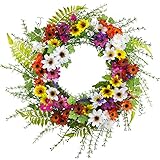 FERIAL Front Door Wreath Spring Summer Daisy Wreath Colorful 18 Inch Floral Wreath Artificial Wreath