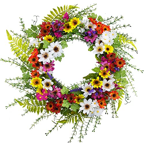 Ferial Front Door Wreath Spring Summer Daisy Wreath Colorful 18 Inch Floral Wreath Artificial Wreath Silk Flowers And Green Leaves For Outdoor Indoor Farmhouse Party Holiday Home Wedding Decoration #TOP4
