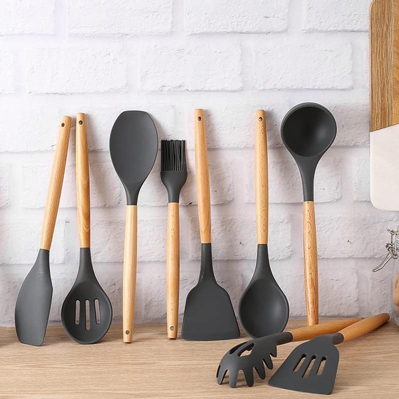 Image of SKYTONE Silicone Kitchen Spatula and Utensils Spoon Set 12-Piece Silicone Kitchen Cooking Utensils Set, Non-Stick Utensils Set Heat Resistant Easy Clean, BPA Free (Black)