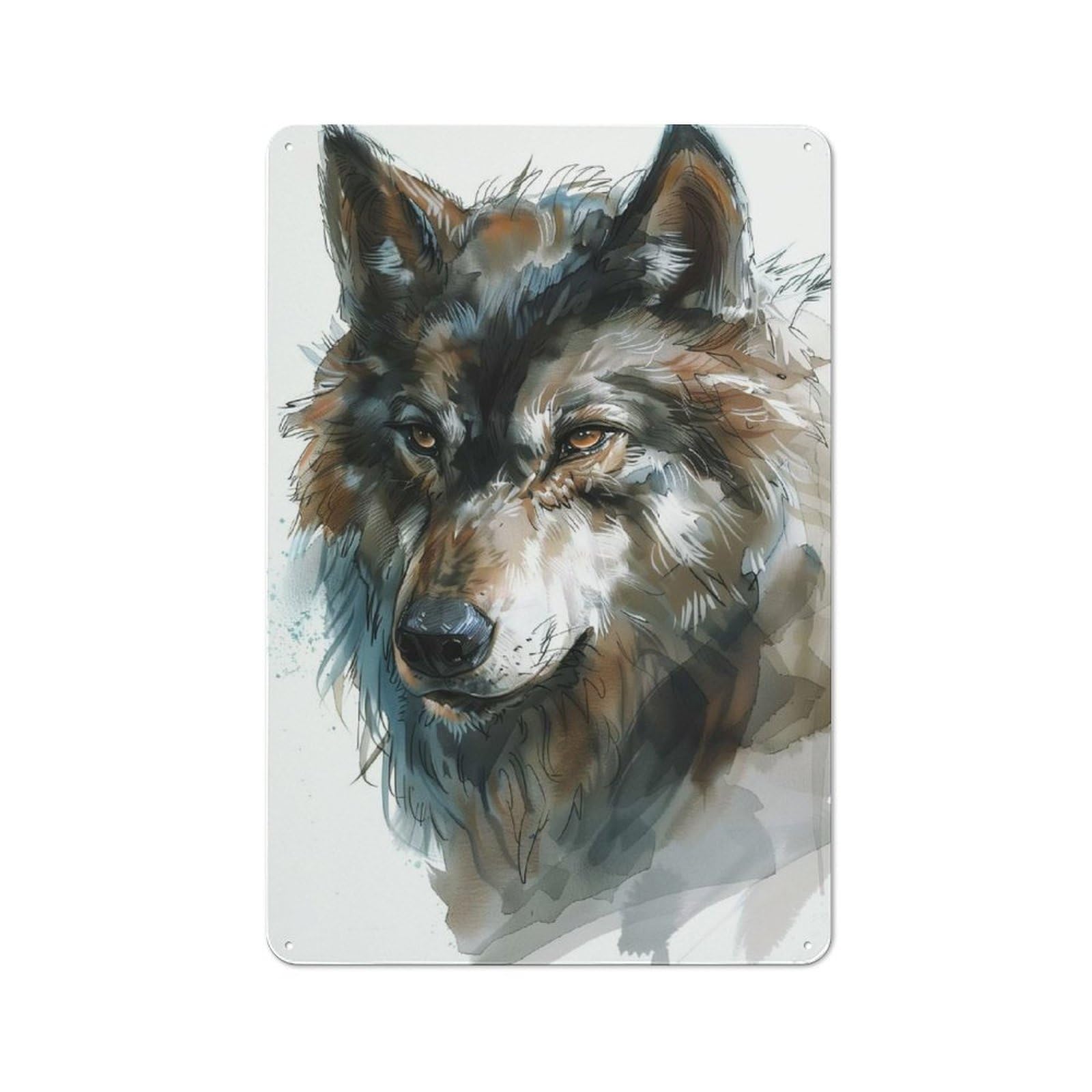 Wolf Watercolor Portrait Cottage Style Metal Wall Decor 30x20cm, Farmhouse Metal Sign for Farmhouse Kitchen, Pantry Or Dining Area