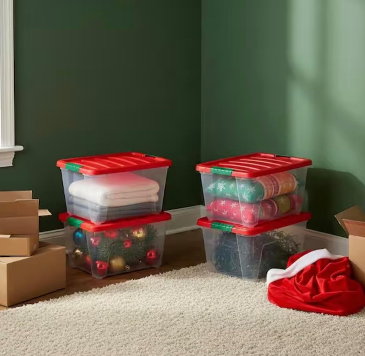 54 qt. Storage Buckled Clear Box with Red Lid (4-Pack) UJ06980