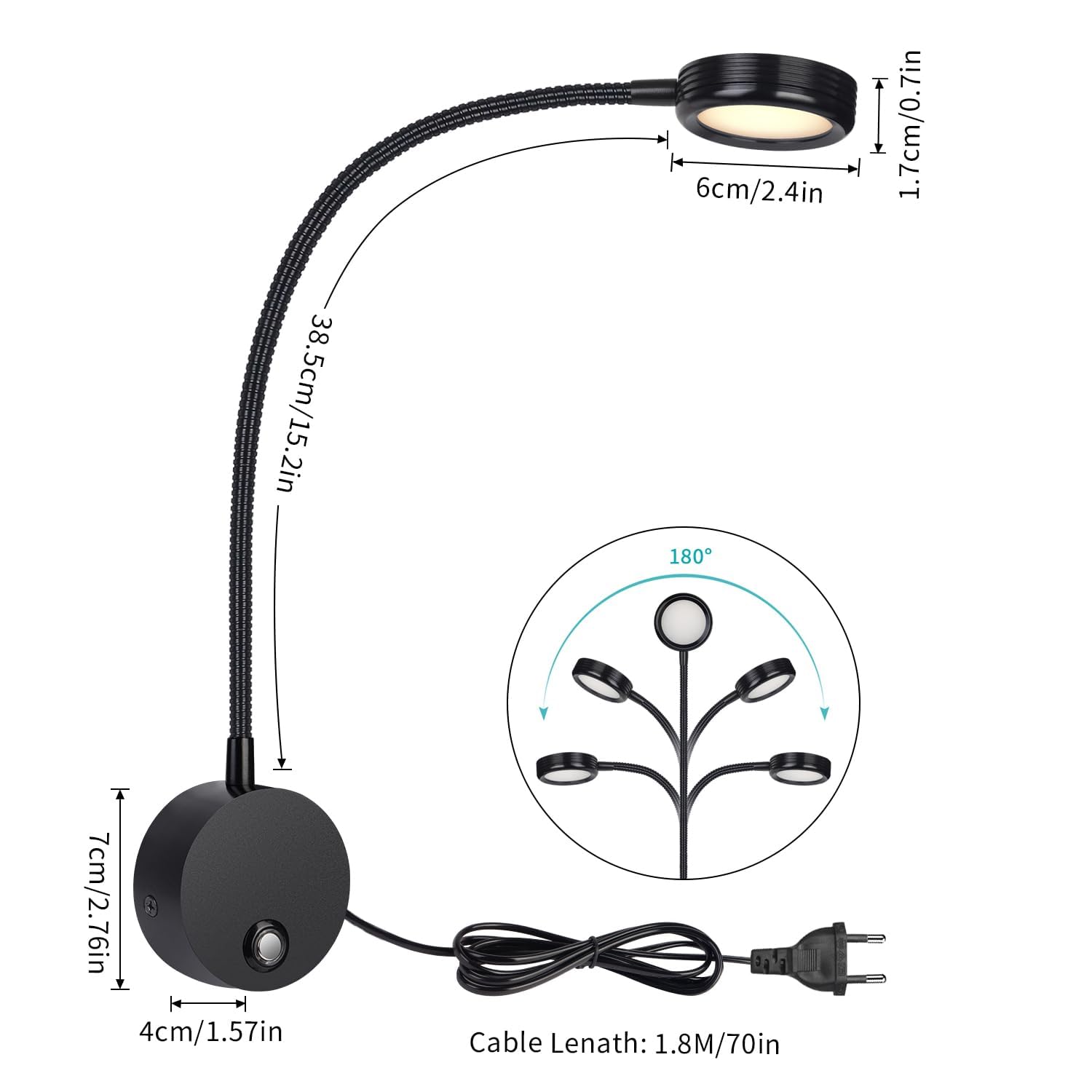 ERWEY 2pcs Lampes de lecture murales, liseuse de chevet avec interrupteur tactile dimmable 3000-6000K, port de charge USB, 4W liseuse de lit pivotante à 360° avec prise et câble pour chambre, noir
