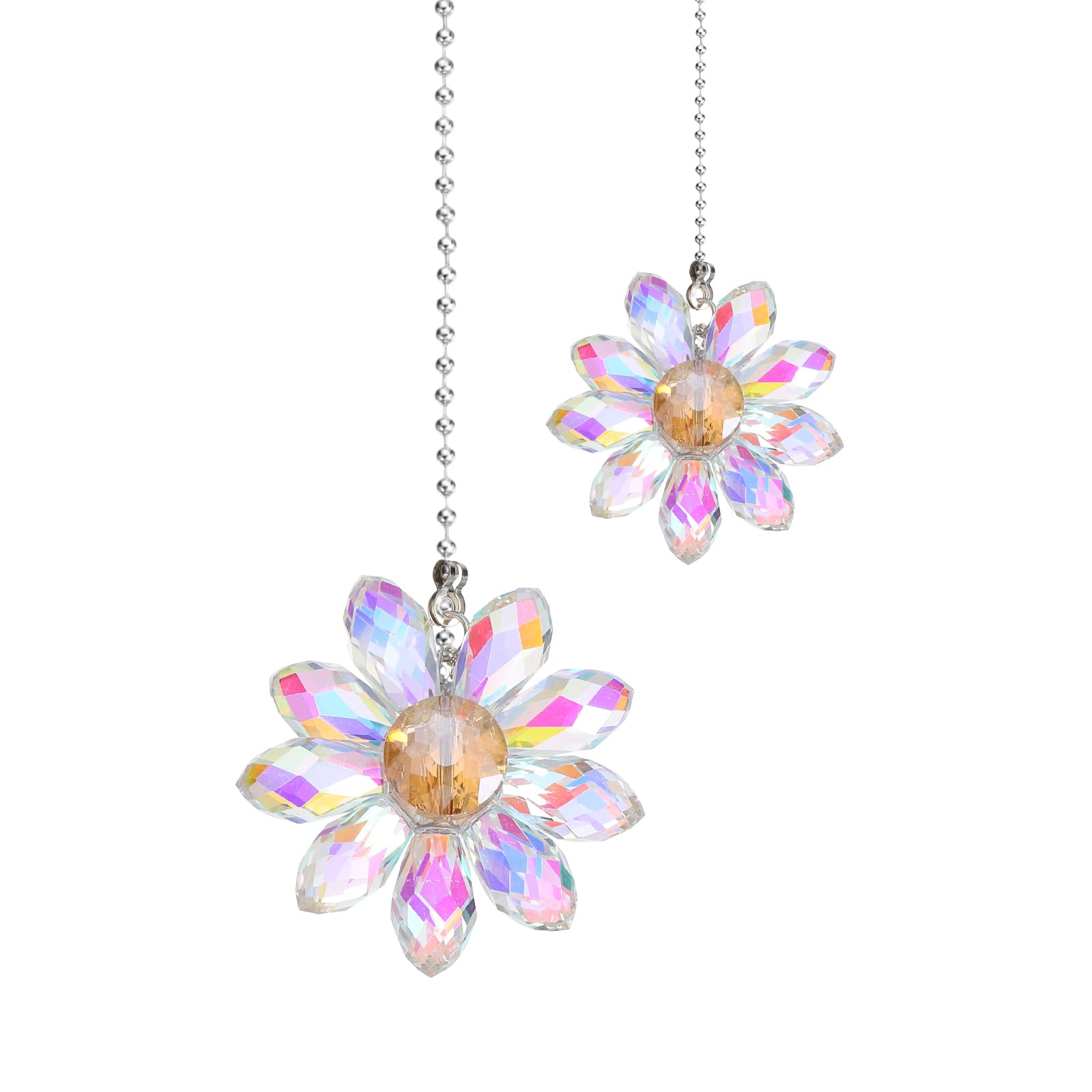 sourcing map 2Pack Ceiling Fan Pull Chain, 24 Inch Decorative Ornaments Crystal Flower Pendant Pull Chain Extender for Ceiling Fans Light Lamp, AB Color