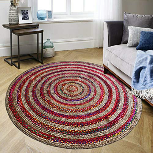 Image of The Home Talk Cotton and Jute Braided Floor Rug,Chindi,150 cm /5 Feet Round diamater- Multicolor
