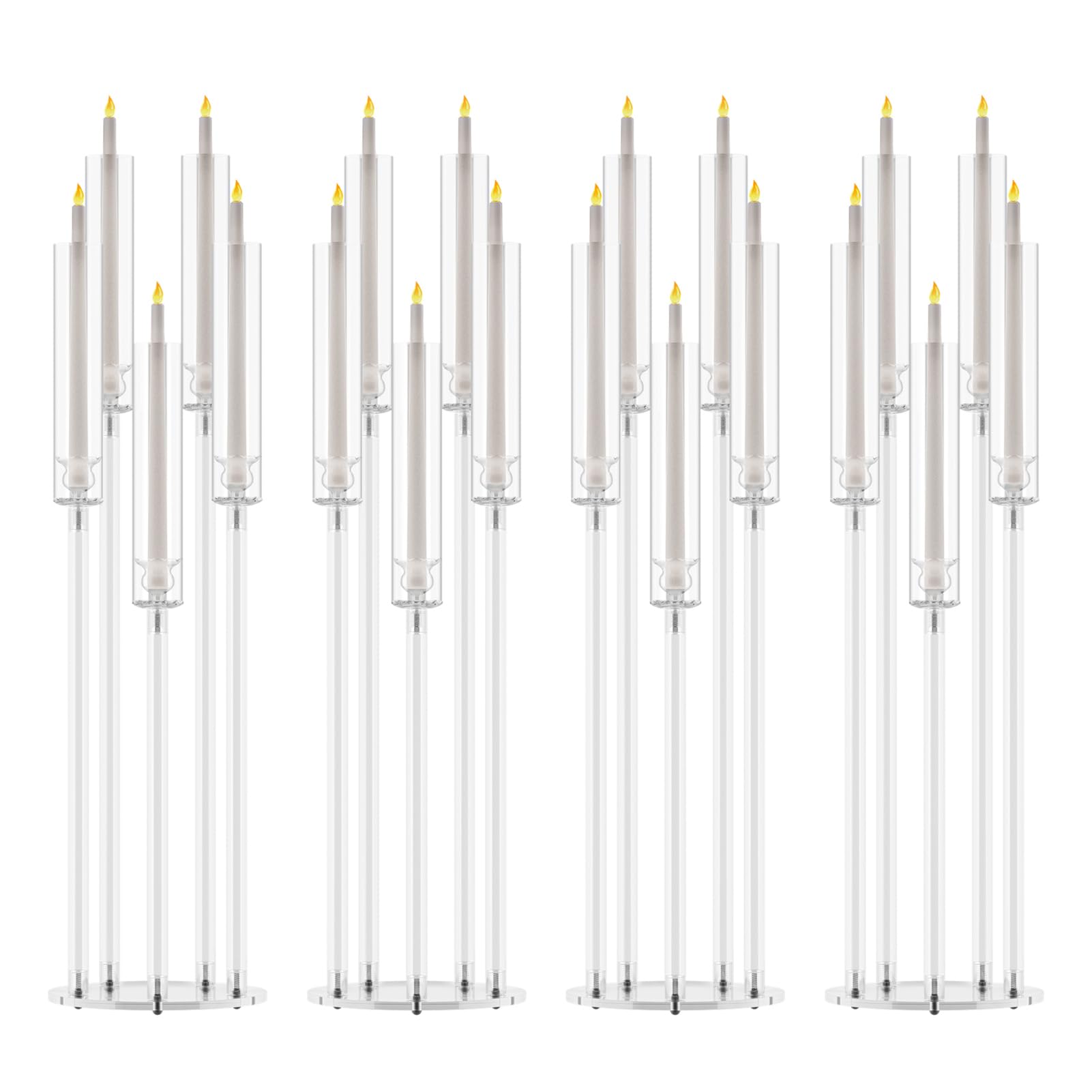 Bigougem White 4Pcs Candelabra Centerpieces, Tall Candelabra, Clear Candle Taper Candlestick Holder, 5 Arm Candlesticks Holder With Acrylic Shade, Led Candle For Wedding Dinner Party