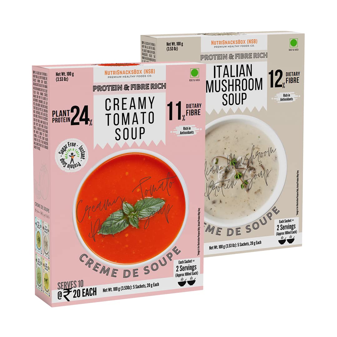 NutriSnacksBox Healthy Soup Combo Pack, 200g (Pack of 2 x 100g) | (10 Soup Sachets x 20g) | Creamy Tomato Soup | Italian Mushroom Soup | Healthy Soup with Protein and Fibers (B0BQW1N4XJ) Amazon Price History, Amazon Price Tracker
