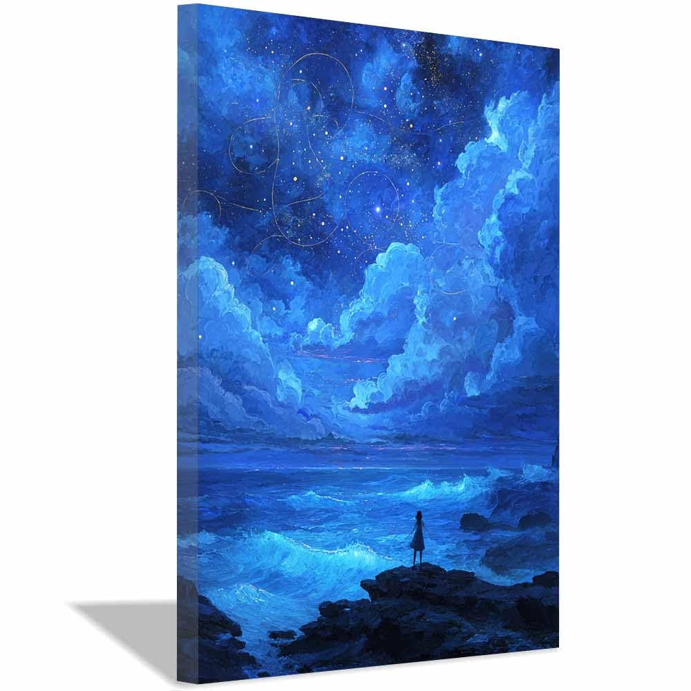 HOQIU Beautiful wall art Starry Ocean Night canvas artwork for wall, art prints, For living room, bedroom, bathroom, dining room, painting and decor.(Multicolor)-60x80cm Framed
