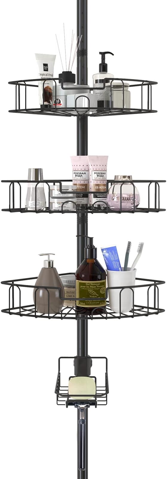YeYeBest Rustproof Shower Corner Caddy for Bathroom, 4 Adjustable Baskets, 39-125 Inch Corner Shower Organizer with Tension Pole for Shampoo Accessories, Black