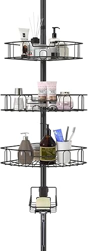 YeYeBest Rustproof Shower Corner Caddy for Bathroom, 4 Adjustable Baskets, 39-125 Inch Corner Shower Organizer with Tension Pole for Shampoo Accessories, Black