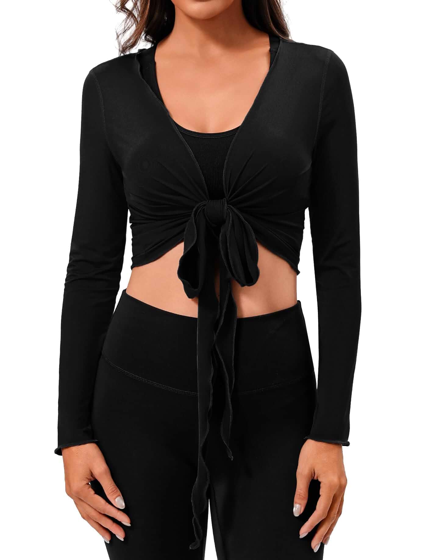 Totatuit Womens Tie Front Wrap Tops Long Sleeve Bolero Shrugs Crop Cardigan Yoga Ballet Cover up Tops Pilates Outfits