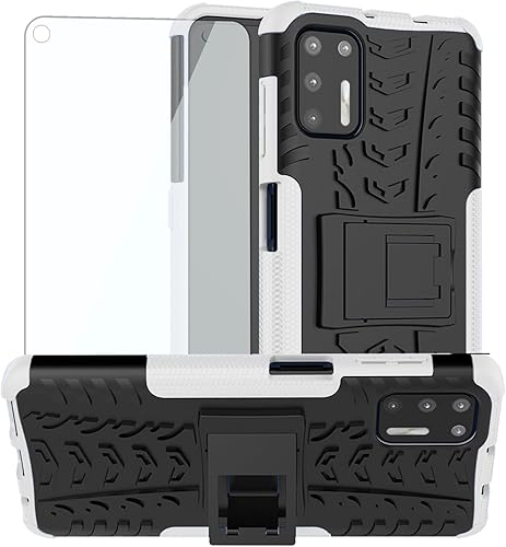 Asuwish Funda protectora híbrida para Moto G9 Plus con protector de pantalla de vidrio templado, funda protectora híbrida resistente para