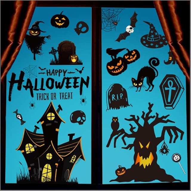Fancy Daily Halloween Window Stickers Bats Spiders 169Pcs Halloween Window Decorations Reusable Double-sided Window Cling Sticker for Halloween Party Indoor