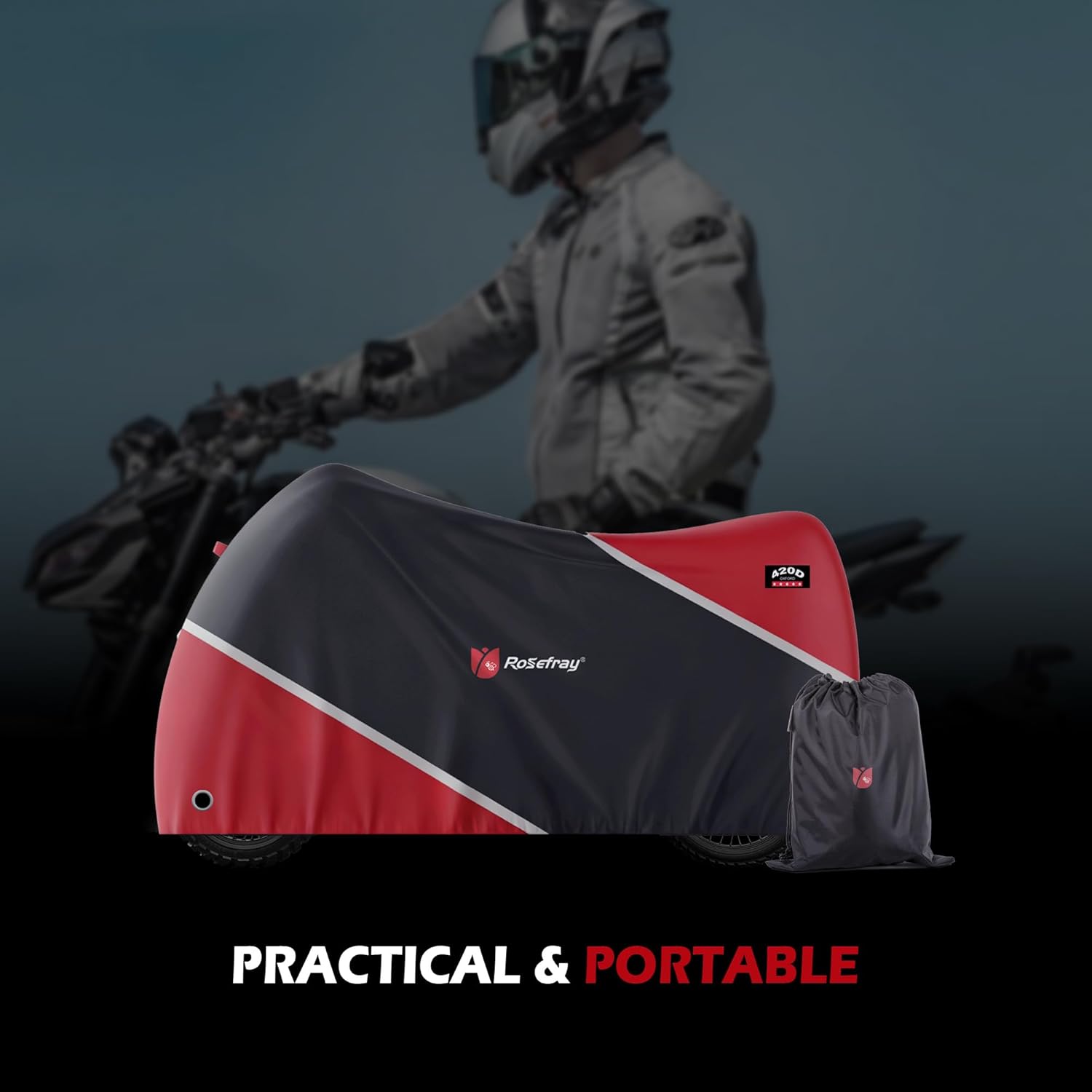 Rosefray Motorcycle Cover,Waterproof Outdoor Cover for Motorcycle,All Season Protection with Night Reflective Lock Holes Storage Bag, Fits Up to 104" Motorcycle Universal Vehicle Blkorg