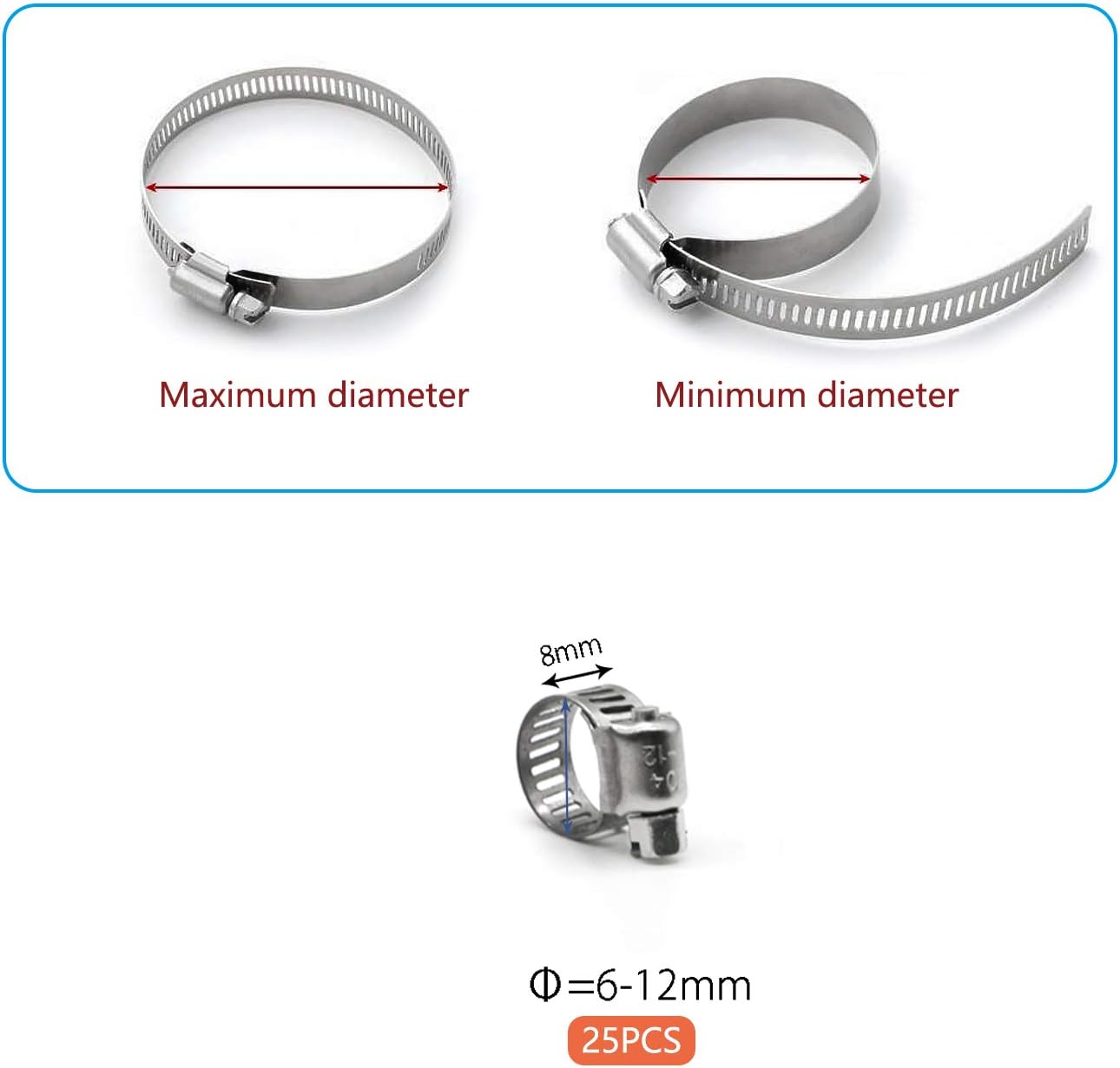 ZIPCCI Hose Clamp, 25 Pack Stainless Steel Worm Gear fuel line hose clamps, 6-12mm (1/4-1/2 inch)