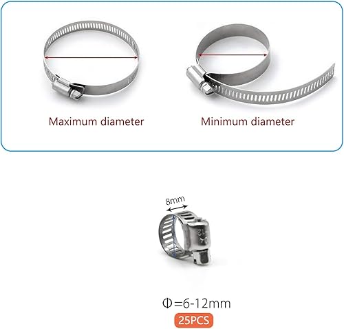 Miniatura 2 de Abrazadera de manguera, paquete de 25 abrazaderas de manguera de línea de combustible de engranaje helicoidal de acero inoxidable, 0.236-0.472 in