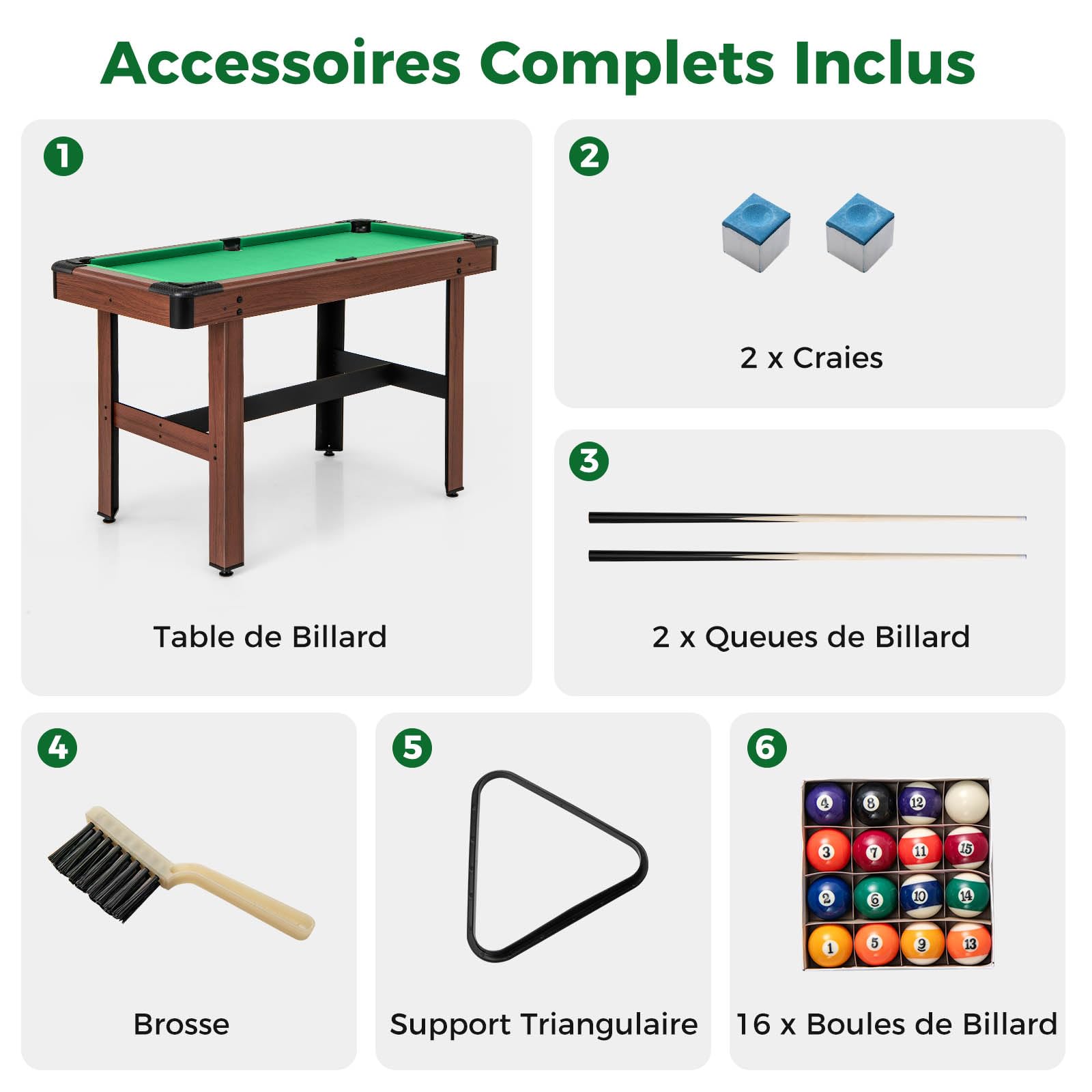 DREAMADE Table de Billard de 122 CM, Mini Table de Billard avec Ensemble Complet de Boules, 2 Queues, Craies, Brosse, Triangle, Table de Billard Gain de Place pour Salle Familiale, Salle de Jeu (Vert)