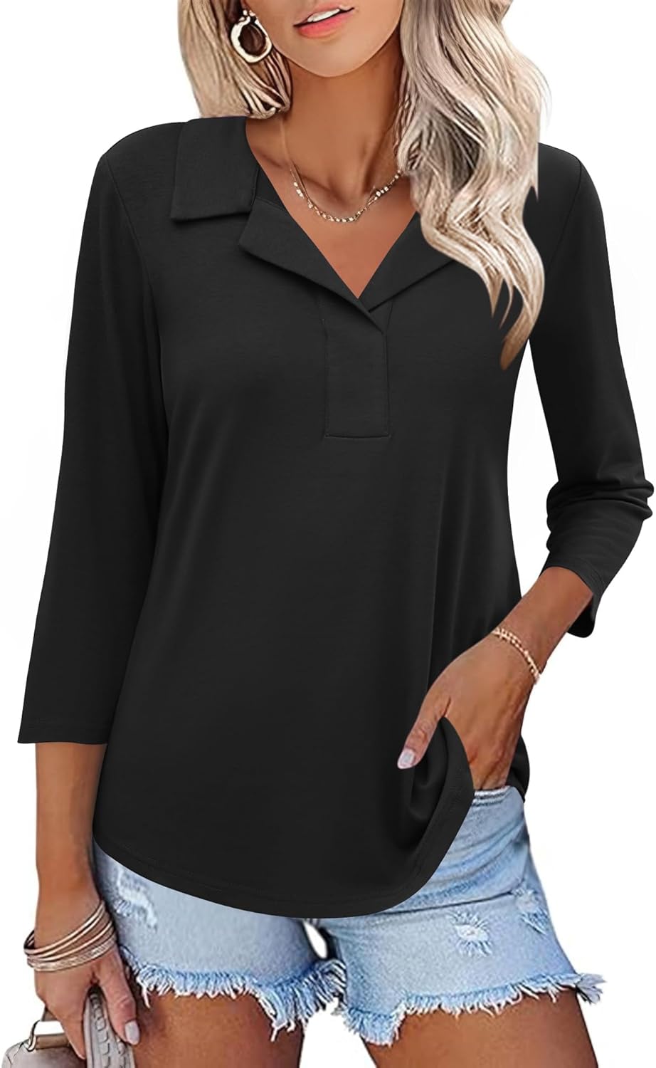 LUYAA Womens Polo Shirts 3/4 Length Sleeve Tops Collar V Neck Business Casual Blouses LUYAA Womens Polo Shirts 3/4 Length Sleeve Tops Collar V Neck Business Casual Blouses