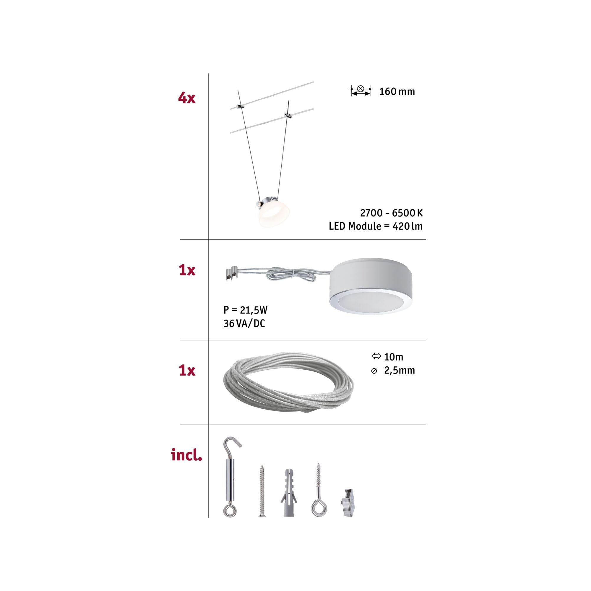 Paulmann 50016 Système SmartWire BLE IceLED 4x4W, Chrome mat/Blanc, 230/12V CC, 30VA, Métal