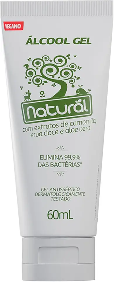NATURAL Álcool Gel com Extratos Orgânicos de Camomila, Erva-doce e Aloe Vera - Protege, Hidrata e Perfuma - Não Resseca a Pele - 60ml