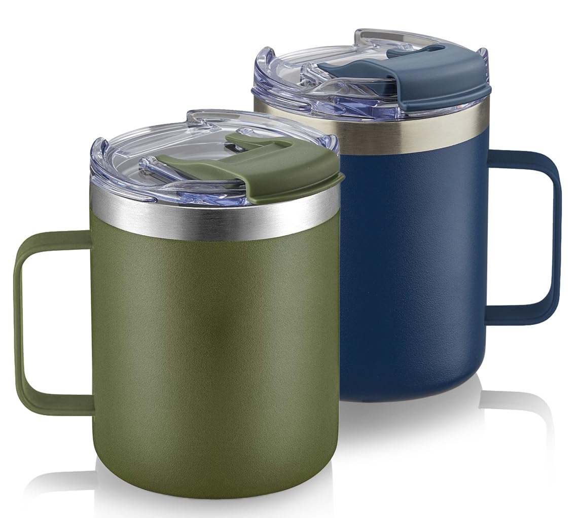 Taza de café aislada de acero inoxidable de 12 onzas con asa, taza de viaje al vacío de doble pared, vaso con tapa abatible, azul marino y verde militar