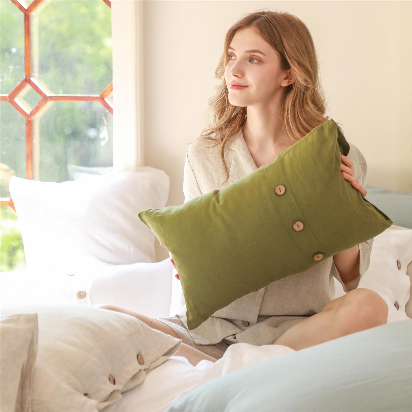 Simple&amp;Opulence 100% Linen Lumbar Pillow Cover 12 x 20 Inch Set of 2 Rectangular Decorative Pillow Cover with Vintage Triple Coconut Button for Couch Sofa Bed Living Room Office Décor - Olive Green