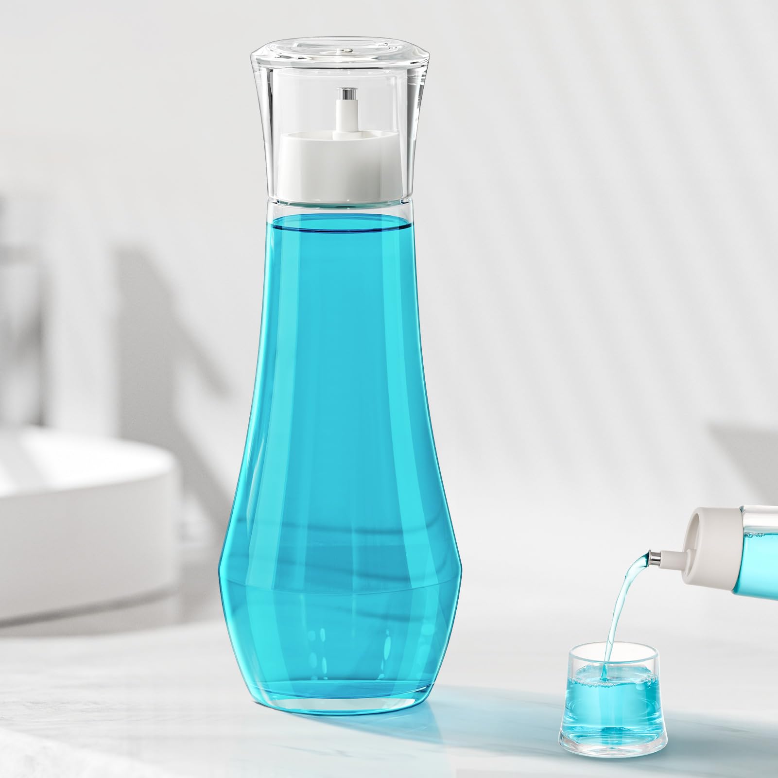 VITVITI Glass Mouthwash Dispenser for Bathroom, Small Container Bottle | Mouth Wash Decanter with Lid Cup, 8.8 OZ Clear Refillable Bottles for Listerine Mouthwash White 1P