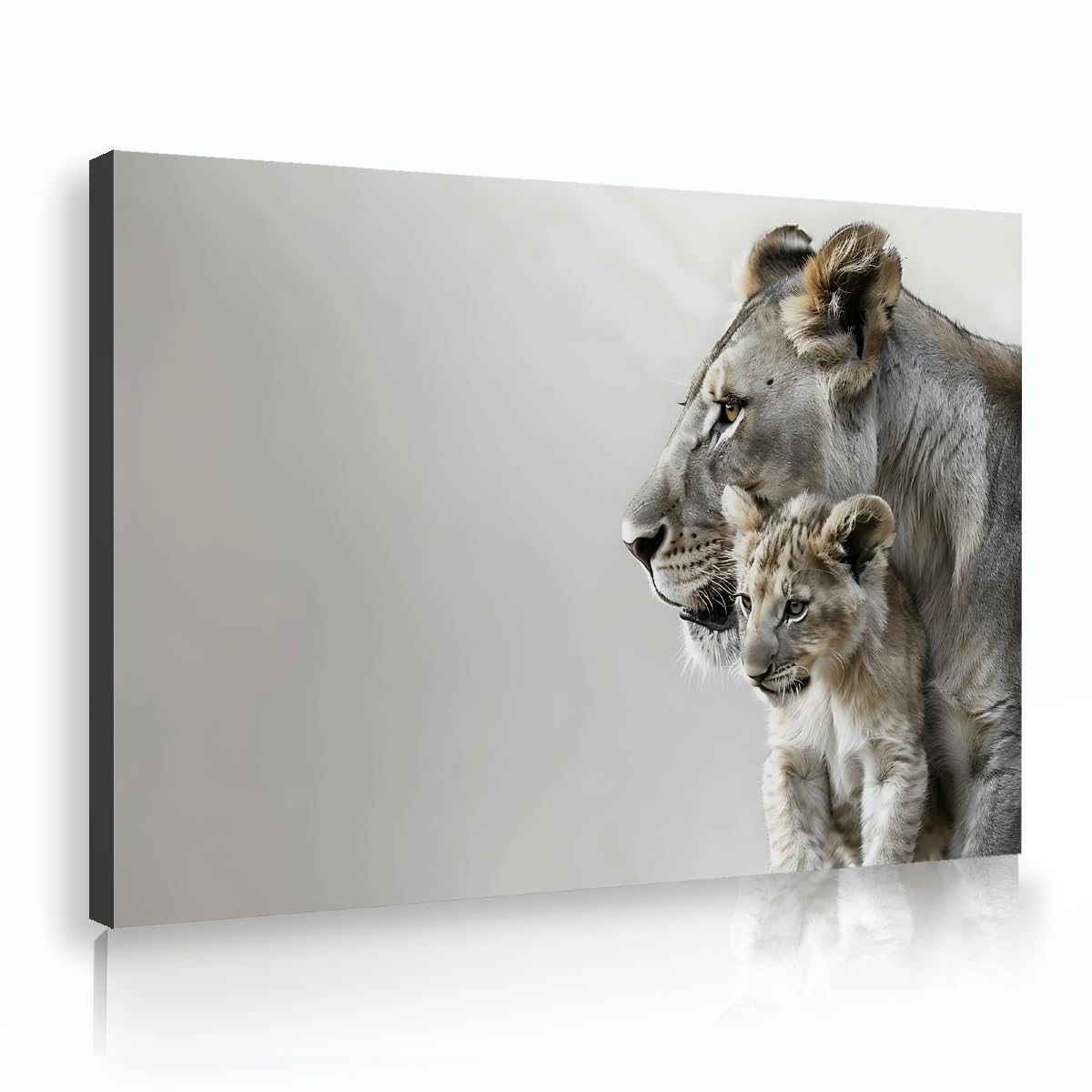 YUNART Framed Canvas Wall Art Lion Decor Black and White Picture Lion and Cub Painting Prints Wild Animal Modern Artwork for Living Room 65x100cm Innerframe