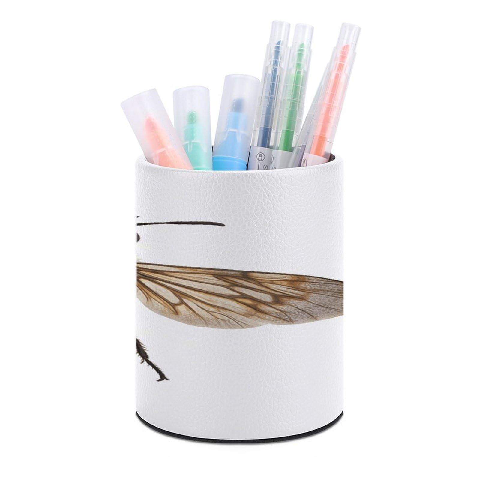 VstaDank Bee Pen Holder Round Pencil Holder Cup Pen Container PU Leather Desk Organizer Stand Decor Brush Scissor Holders Decoration Office Desk Home (3.1 X 3.9 Inches)