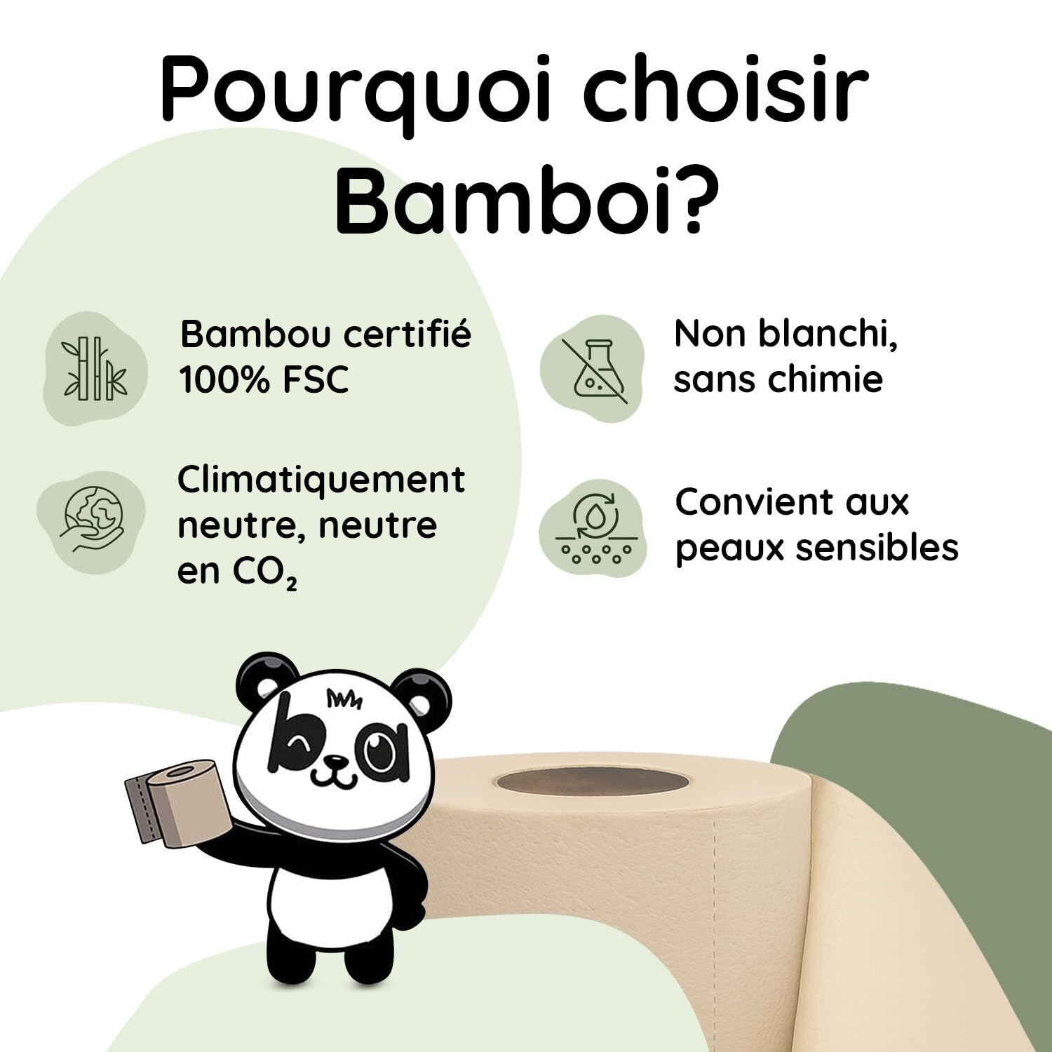 Papier Toilette en Bambou 3 épaisseurs 48 Maxi Rouleaux | Très doux, équivalant à environ 125 rouleaux de papier toilette standard, bambou certifié 100% FSC®