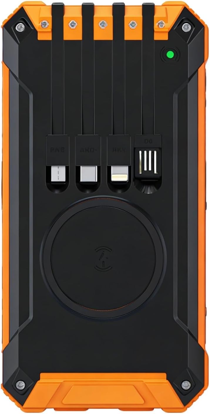 20000Mah Power Bank Solar Charger, Wireless Charging, Dual USB Output, Led Lights, Orange and Black, 6.8 X 3.5 X 1.1 in