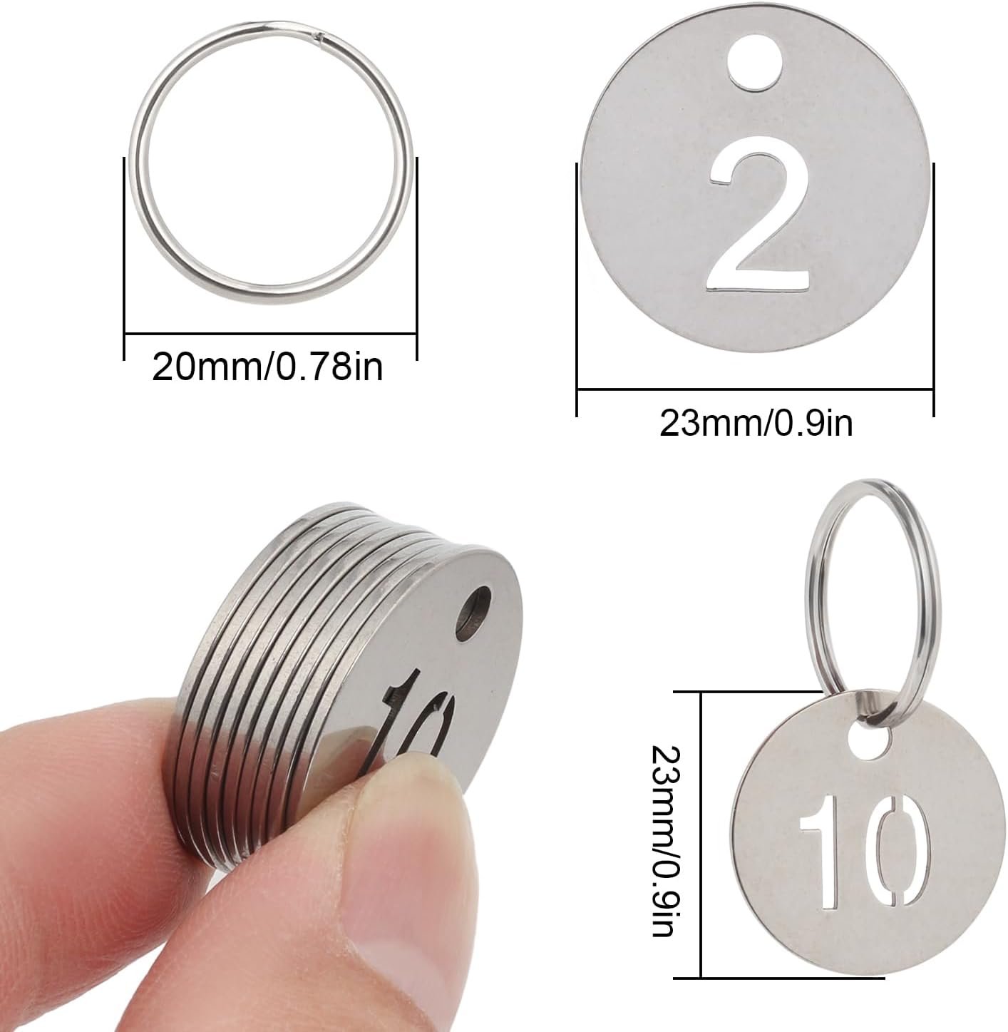 Number Labels with Rings, Stainless Steel Numbered Key Tags, Metal Number Tags, Keychain Labels - 1 to 100