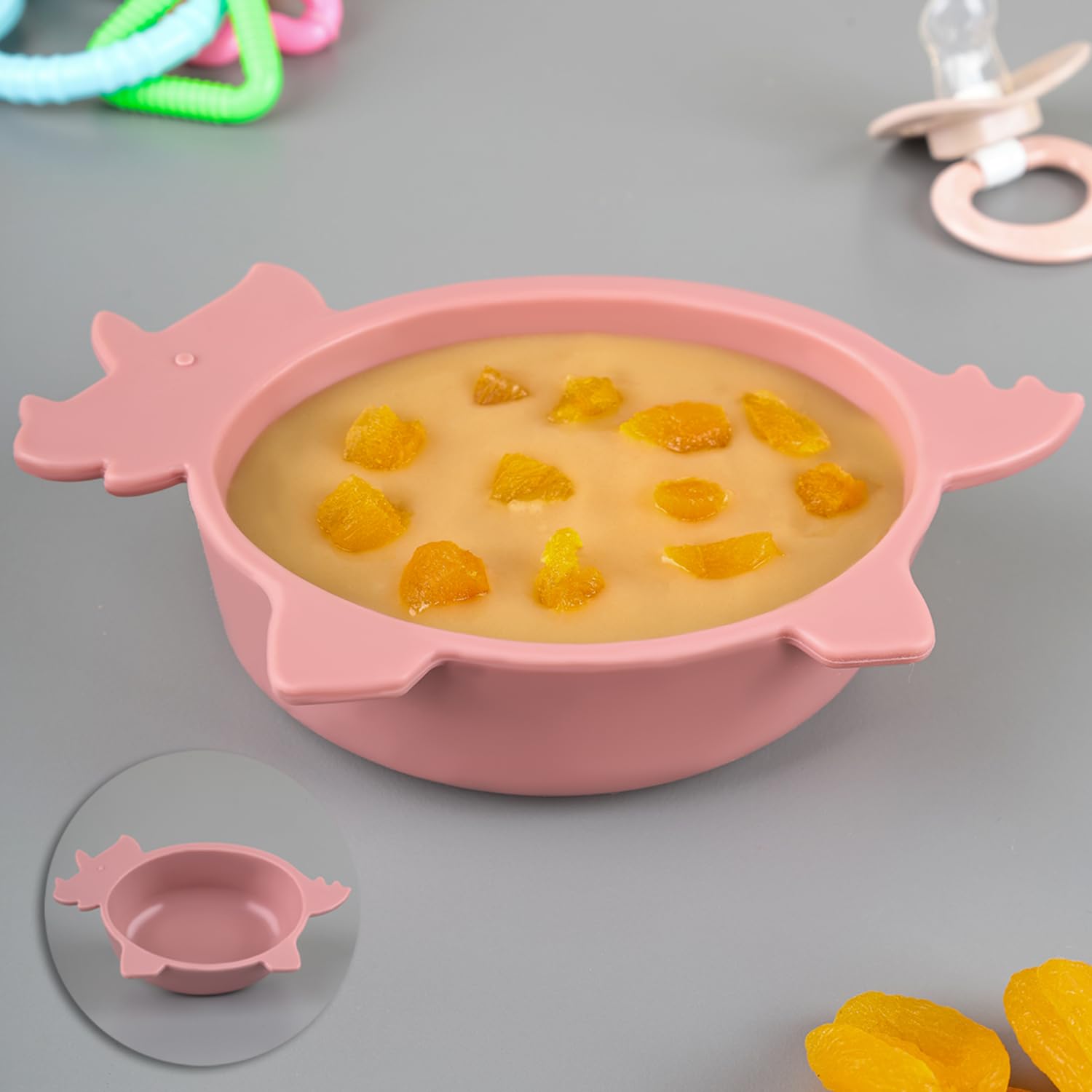 Gergedan Figürlü Silikon Bebek Mama Kasesi - Şekilli Bebek Beslenme Kasesi - Pembe