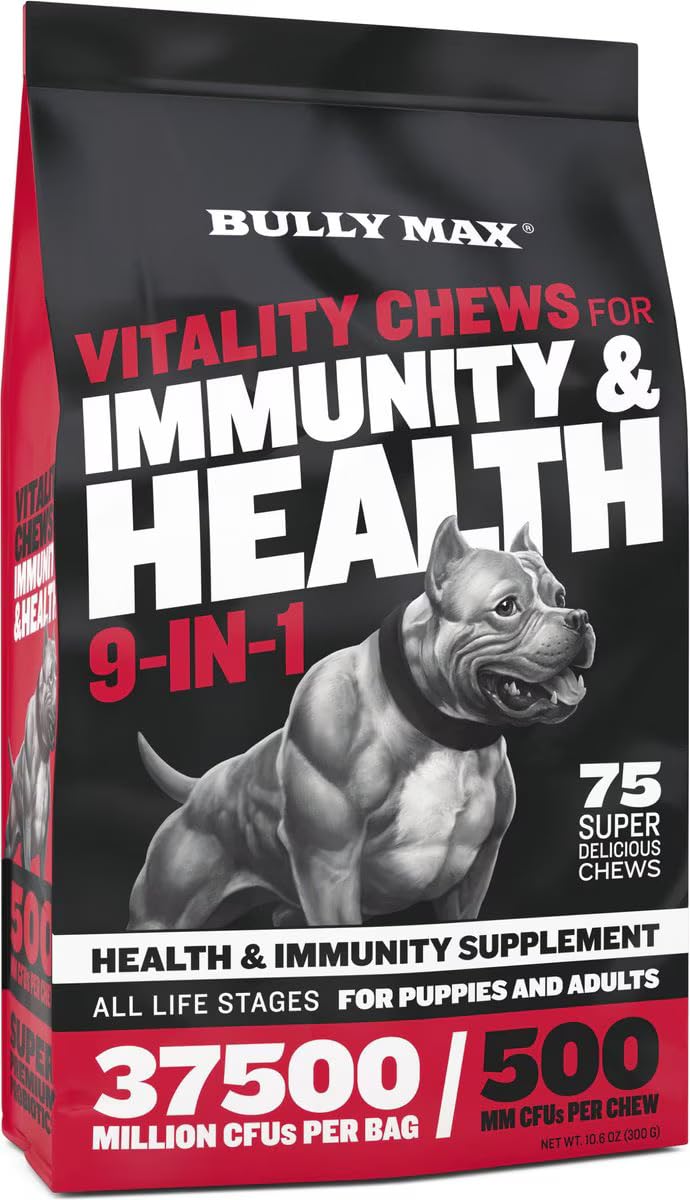 Bully Max Dog Chews & Multivitamin Treats for Puppy & Adult Dogs - 75 Soft Chews, Dog Supplements & Vitamins for All Breeds - Skin, Coat, Brain, Heart, Digestive Health, Immunity, Joint Support
